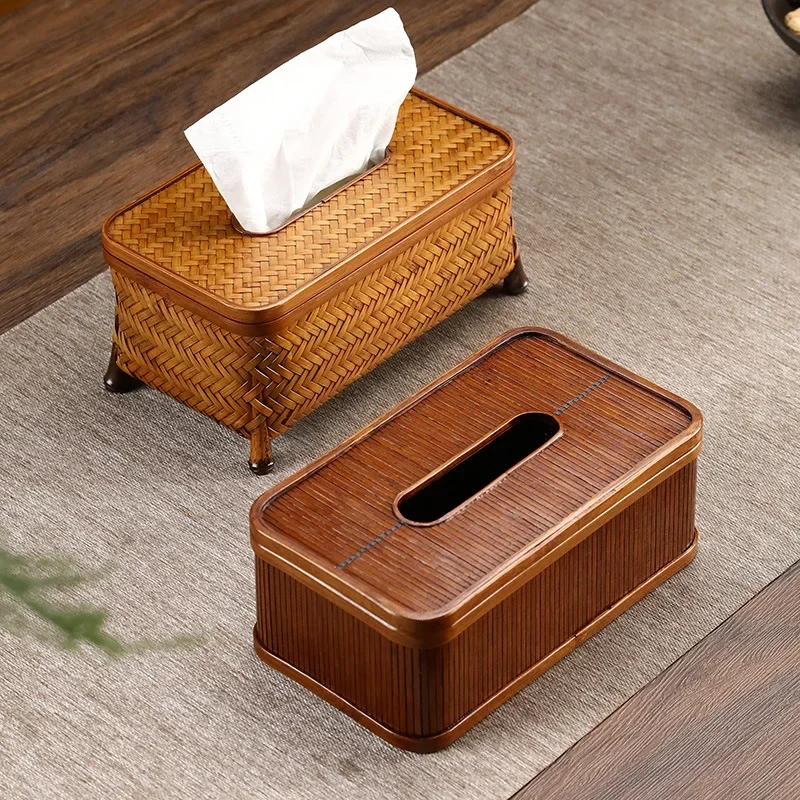 Retro Chinese Style Tissue Box Bamboo Woven Napkin Box Handheld Rectangular Paper Holder Living Room Tea Ceremony Decorations