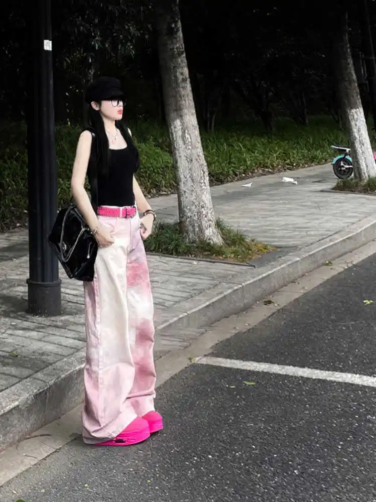 American Retro Color Block Tie Dye Gradient Jeans Straight Loose Washed Wide Leg Pants Casual Fashion New Streetwear Pink Jeans