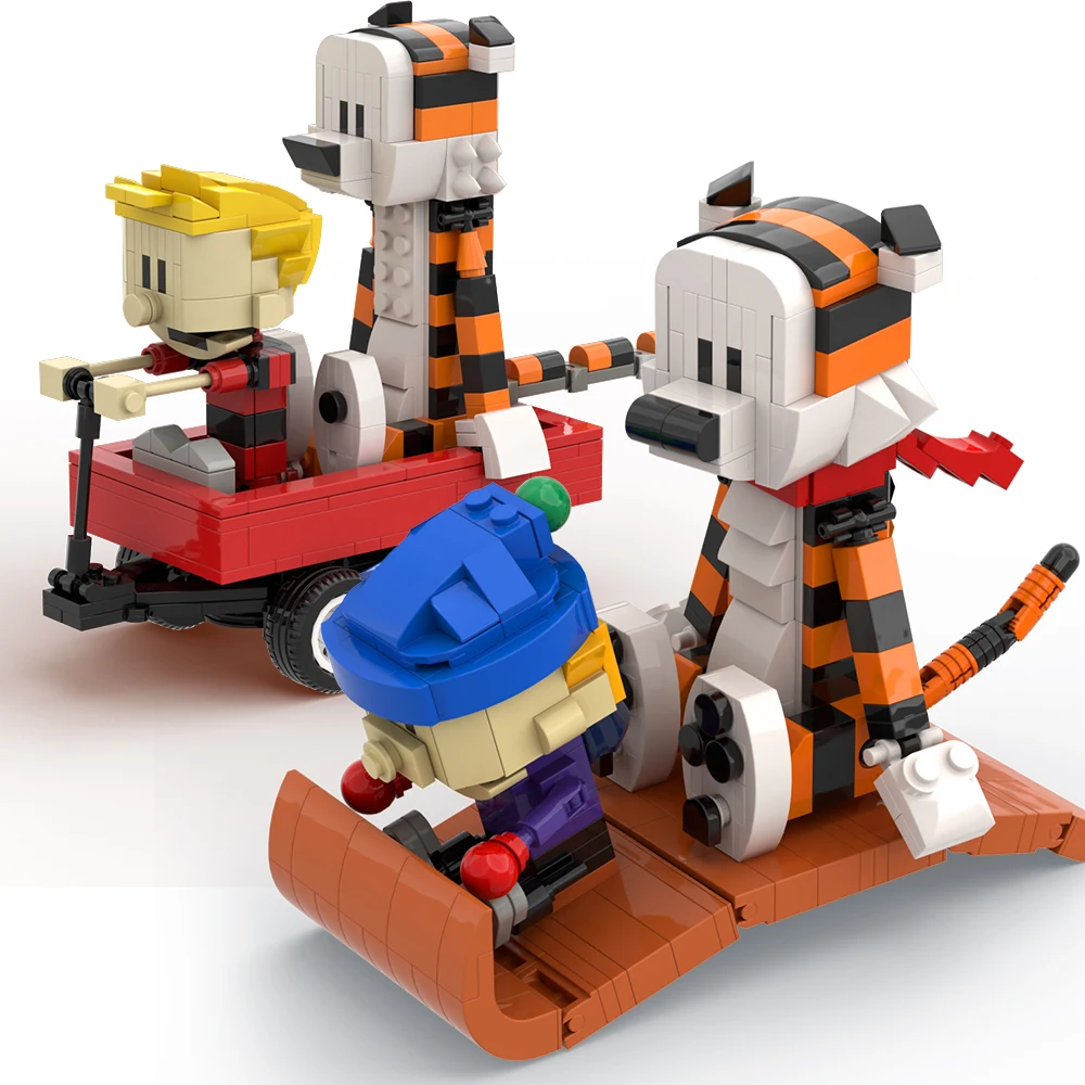 Set di blocchi di avventura per ragazzo e tigre, modello di caratteri di fumetti vintage, regalo per ragazzi, ragazze, adulti, ruota di animali