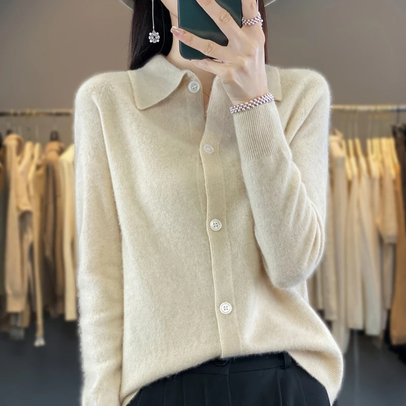 

Spring Autumn New Cardigan Women's 100% Merino Wool Sweater Female Clothing POLO Collar Knitted Cardigan Slim Fashion Shirt Tops