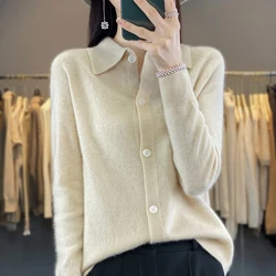 Spring Autumn New Cardigan Women's 100% Merino Wool Sweater Female Clothing POLO Collar Knitted Cardigan Slim Fashion Shirt Tops