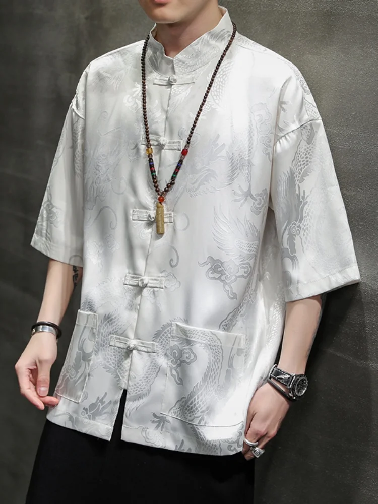 

Ice Silk ort Sve irt Men's Summer New Chinese Sle Dragon Pattern Embroidery Button Tang Costume Improved Hanfu Thin