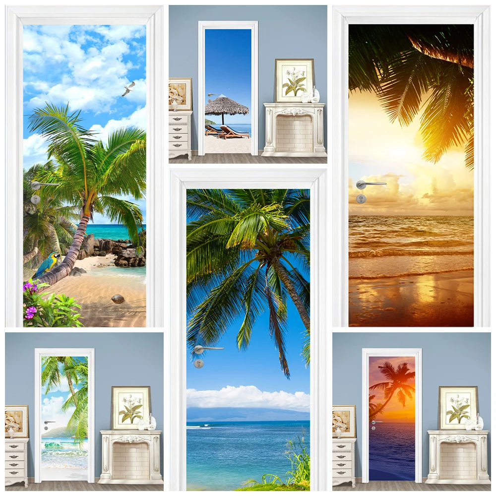 

Natural Seaside Landscape Door Wrap Mural Decals, Removable PVC Islands Sunset Scenery Door Wallpaper Poster Customized Size