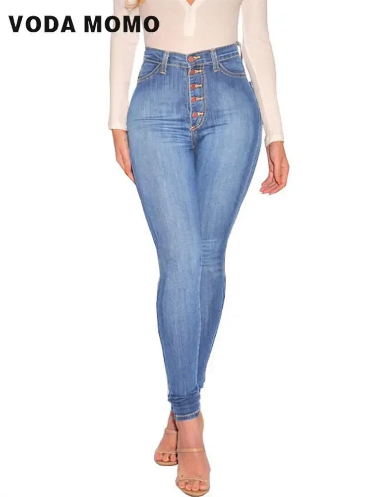 2023 Spring Summer Elastic Vintage High Waist Buttons Cotton Female Casual Slim Denim Pants Harajuku Pencil Pants Streetwear