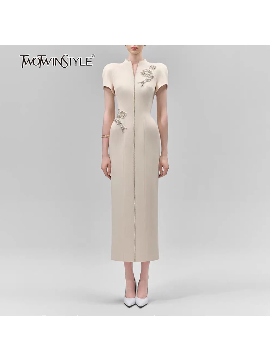 

TWOTWINSTYLE Temperament Spliced Diamonds Slimming Dress for Women Stand Neck Short Sleeves Patchwork Embroidery Dresses Female