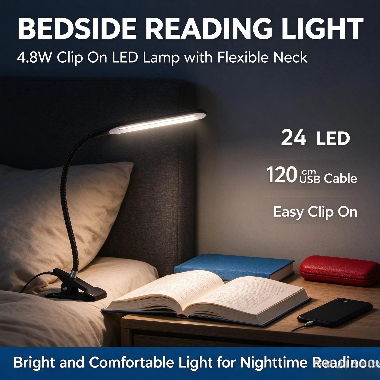 Lámpara de escritorio LED con pinza, luz blanca fría de 6500K, cable de 120 cm, lámpara con pinza para mesita de noche, lectura, estudio, trabajos manuales, reparaciones y tareas que requieren iluminación.