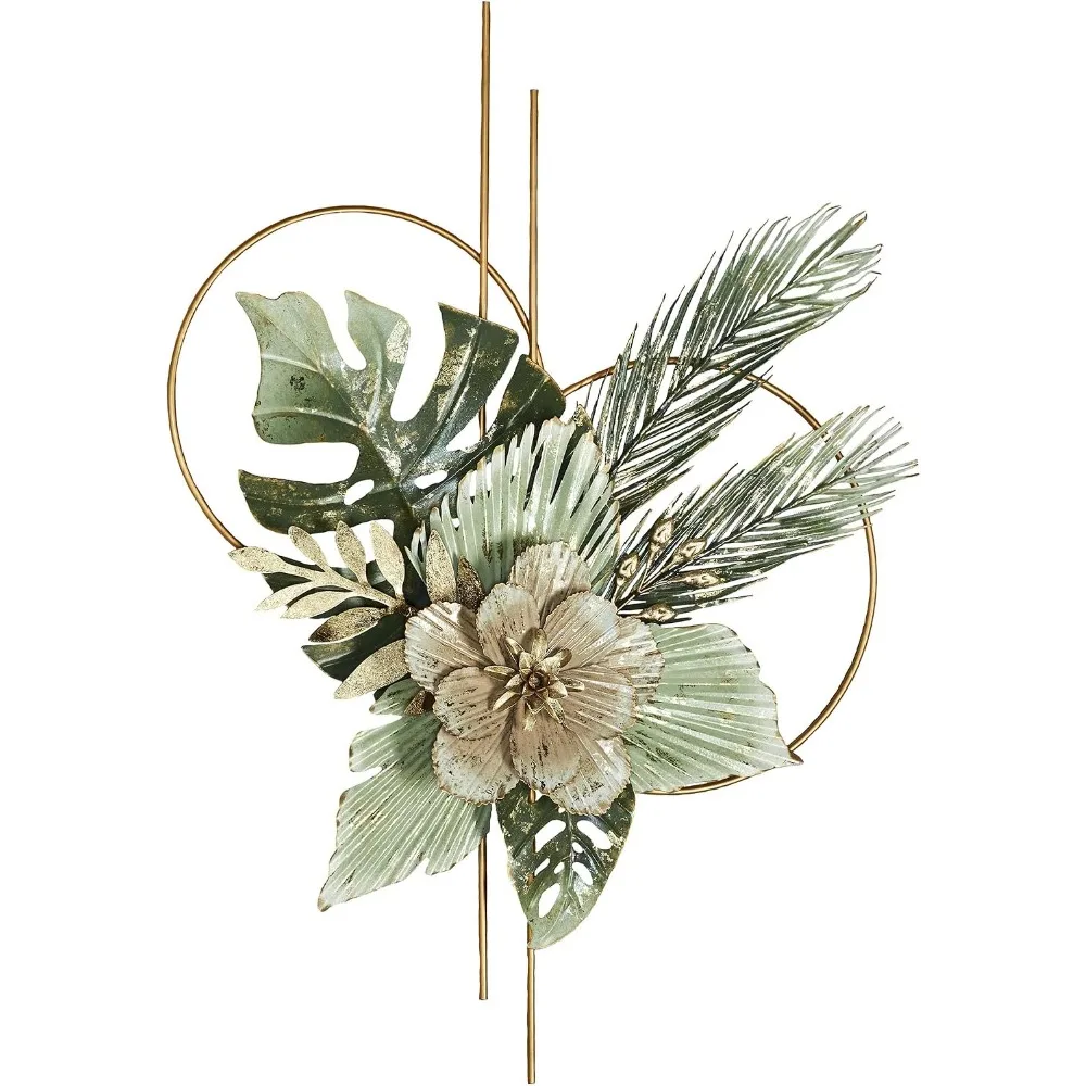 Hanging Tropical Openwork Wall Artwork | Leaf Leaves Botanical Palms | Metal | Hand Finished | Blush Ivory Green Gold | Flower