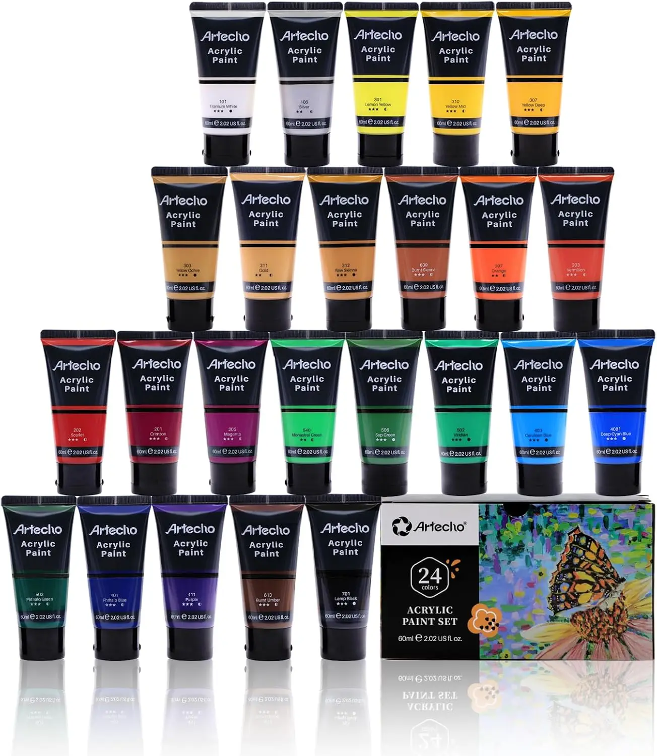 

Professional Acrylic Paint Set, 24 Colors Tubes (60ml) for Canvas, Rock, Wood, Fabric Art Supplies