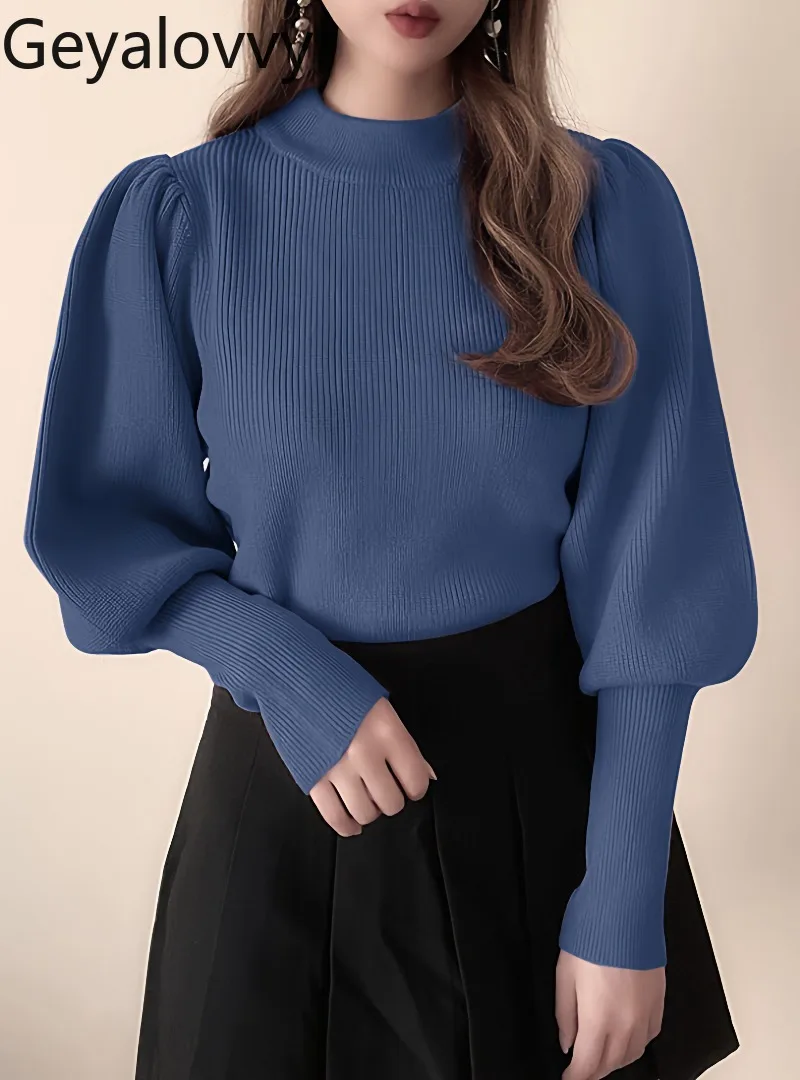 

Осень-зима, новый японский стиль, милый универсальный пуловер с пышными рукавами и воротником-стойкой, облегающий однотонный универсальный вязаный топ