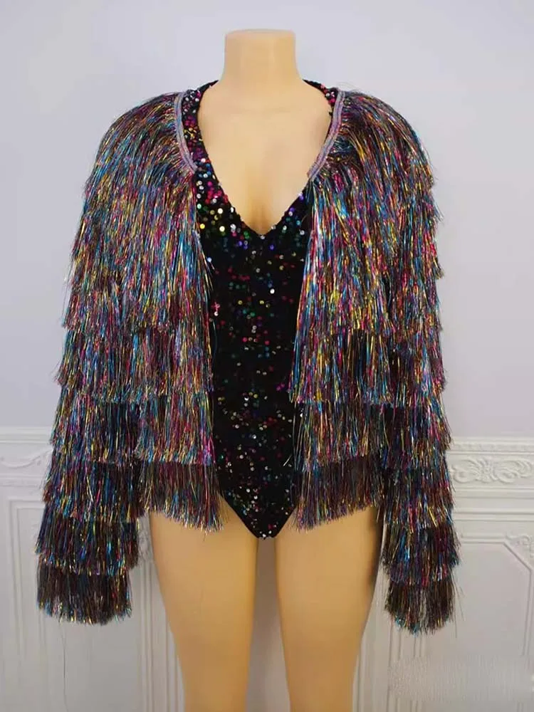 ชุดจั๊มสูทปักเลื่อมสีสันสดใสคุณภาพสูง+เสื้อแจ็คเก็ตพู่ห้อย ชุดสองชิ้น แฟชั่นใหม่ปี 2026 เสื้อผ้าสตรีสั่งตัดได้