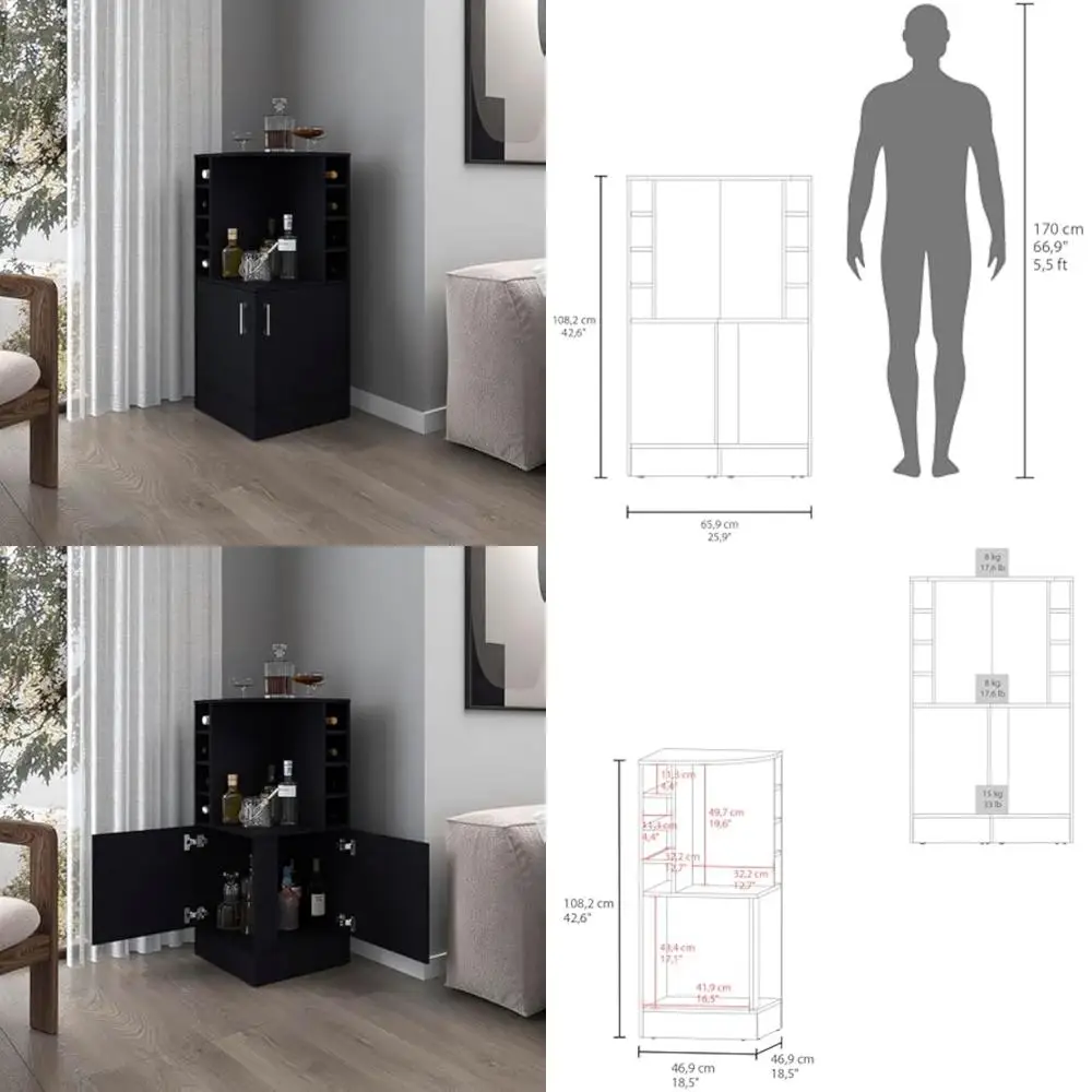 Современный черный угловой барный шкаф с винной полкой, открытыми полками и местом для хранения вещей с двойной дверью — универсальный пространство для домашних развлечений