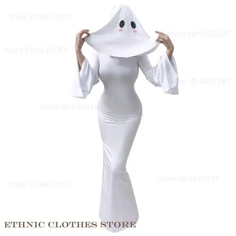 

Cute Ghost Bride White Sexy Backless Slim Dress with Mask Anime Ghost Women Cosplay Costume Halloween Party Tight Fishtail Skirt
