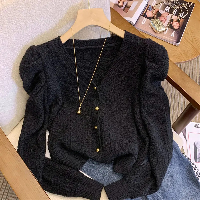 OCEANLOVE Puff Sleeve Autumn Winter Clothes Women Sweaters Solid V Neck Korean Fashion Cardigans Sweet Vintage Ropa De Mujer