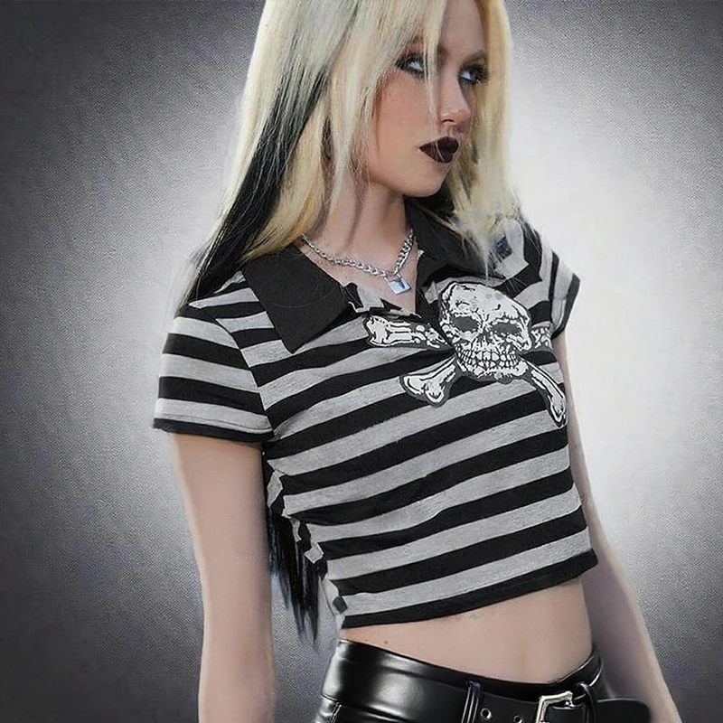 

European and American 2025 new Y2K spicy girl skull print t-shirt polo shirt slim fit striped crop top short sleeved shirt