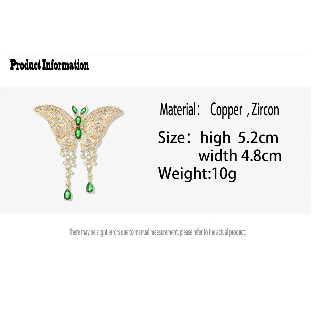 Women's Butterfly Brooch Green Zircon Pendant Tassel Delicate Jewelry Pin Lady Coat Suit Accessories Corsage Wholesale