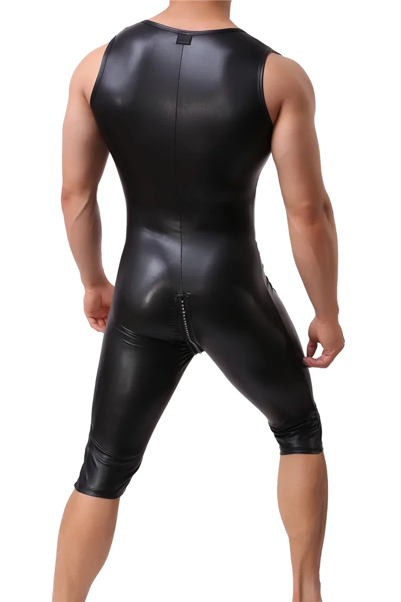 PU Faux Leather Tight Body Underwear Men Shapers Sexy Singlet Bodysuit Wrestling Leotard Male Casual Zipper Underwear Shaper