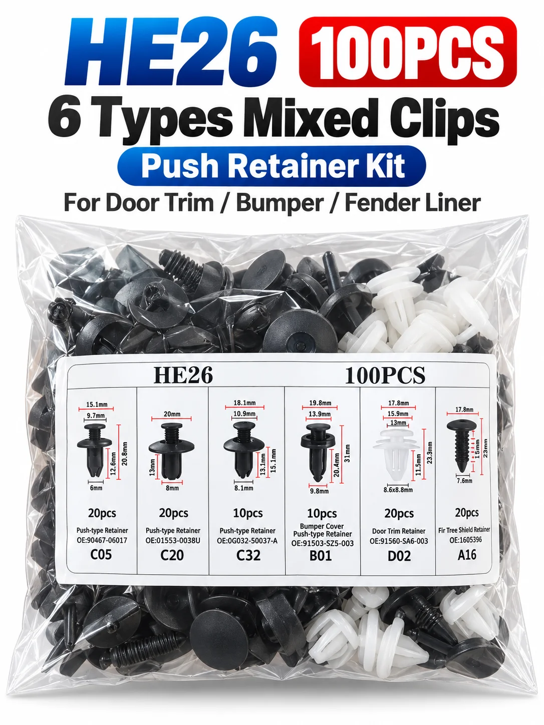 HE26 100PCS Car Push Retainer Clips 6 Types Plastic Fasteners for Bumper Door Trim Fender Liner Bag or Box Tool Kit