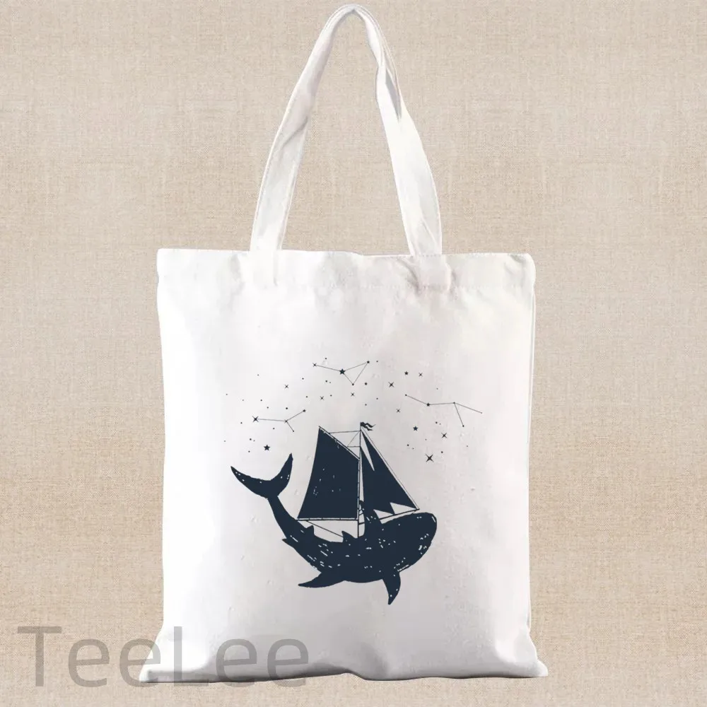 Whale Canvas Shoulder Tote Bag for Women Harajuku Handbags Eco Reusable Shopping Bag Vintage Ulzzang Bags with Free Shipping