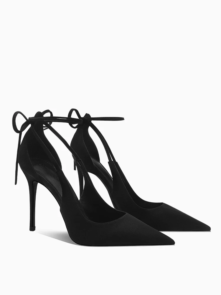 حذاء بكعب عالي بحزام أسود للنساء 2025 صيفي جديد مثير بكعب نحيف حذاء فردي مدبب مع تنانير وصنادل لأصابع القدم