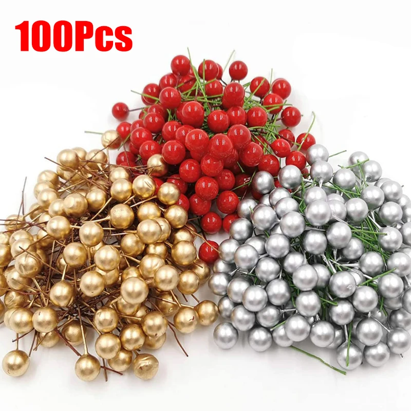 100/50Pcs 10mm Artificial Holly Berry Christmas Tree Red Gold Berries Cherry Fake Plant for DIY Garland Festive Home Decorations