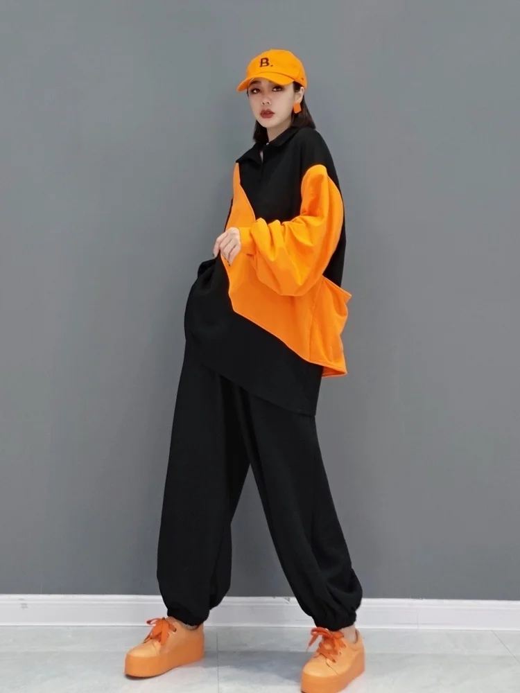 Women New Long Sleeves Lapel Stitching Color Sweatshirt Suit Elastic Waist Wide Leg Pants Suit 2024 Spring Autumn LHX1327