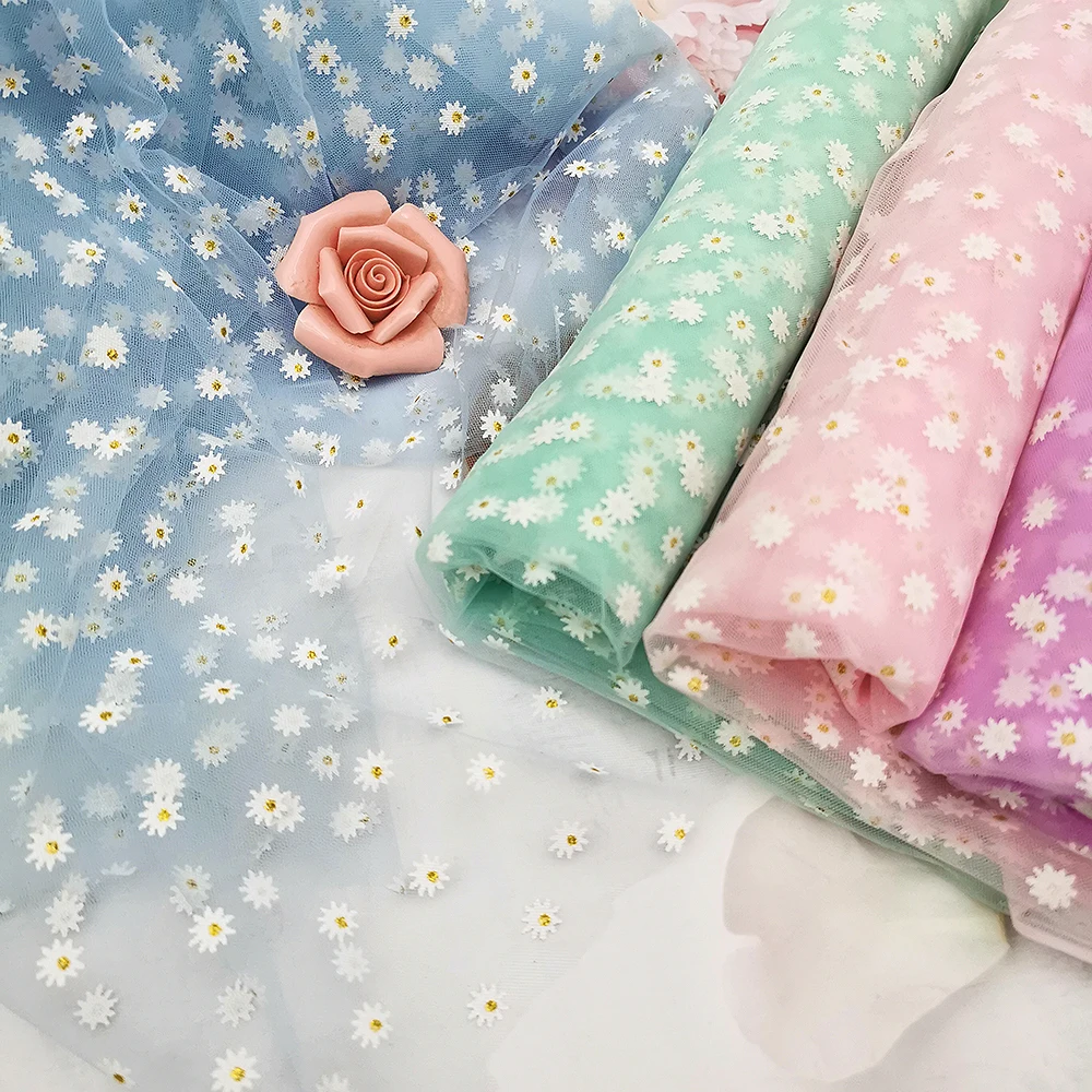 1.5m Flower Tulle Mesh Fabric Daisy Floret Patern Soft Thin Organza DIY Curtain Wedding Dress Case Cover Bouquet Sewing Material