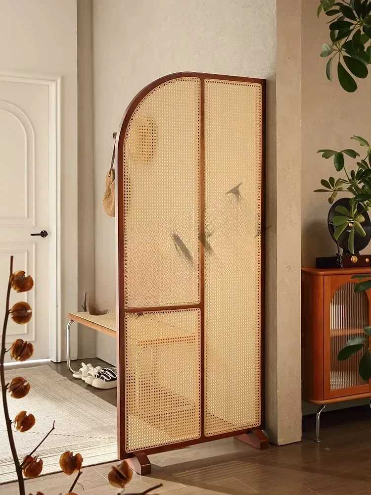 Retro Solid Wood Rattan Subareas Screens Entrance Door Living Room Bedroom Covering Japanese Movable