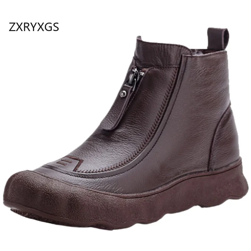 

ZXRYXGS 2025 Winter Genuine Leather Wool Boots Flat Thick Sole Comfortable Warm Shoes Snow Boots Cotton Shoes Women Trendy Boots