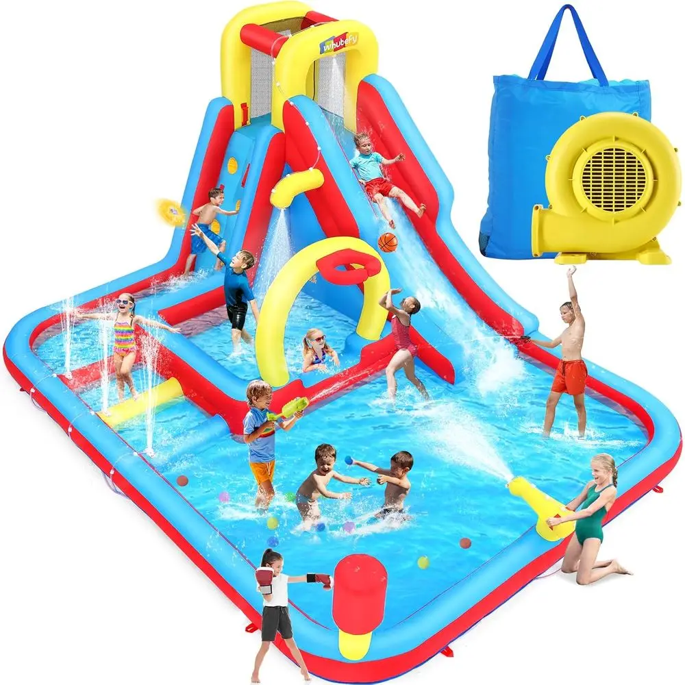 Iatable Water Slide Obstacle Course for Kids Backyard Blow Up Water Park with 3 Intctive Aqua Hurdles, Deep Pool with Sp