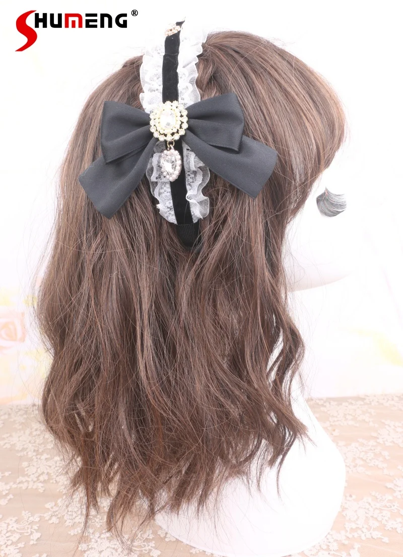 

Mass-Produced Style Handmade Sweet Soft Girl Hair Accessories Lace Spliced Heart Diamond Bow Hairband Hair Hoops Women Headwear