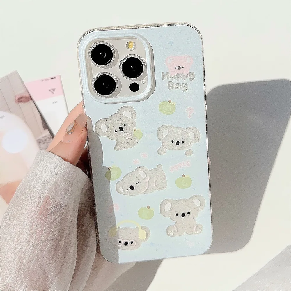 Koreanische Cartoon Nette Aushöhlen Koala Klar Glitter Telefon Fall Für iPhone 15 16 14 13 11 12 Pro max Stoßfest Weiche Zurück Abdeckung