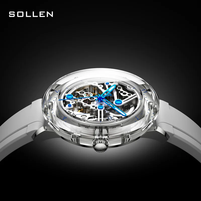 SOLEEN Fashion Skeleton Automatic Mechanical Watches Fashion Personality Men Watch Waterproof White Silicone Strap Reloj Hombre