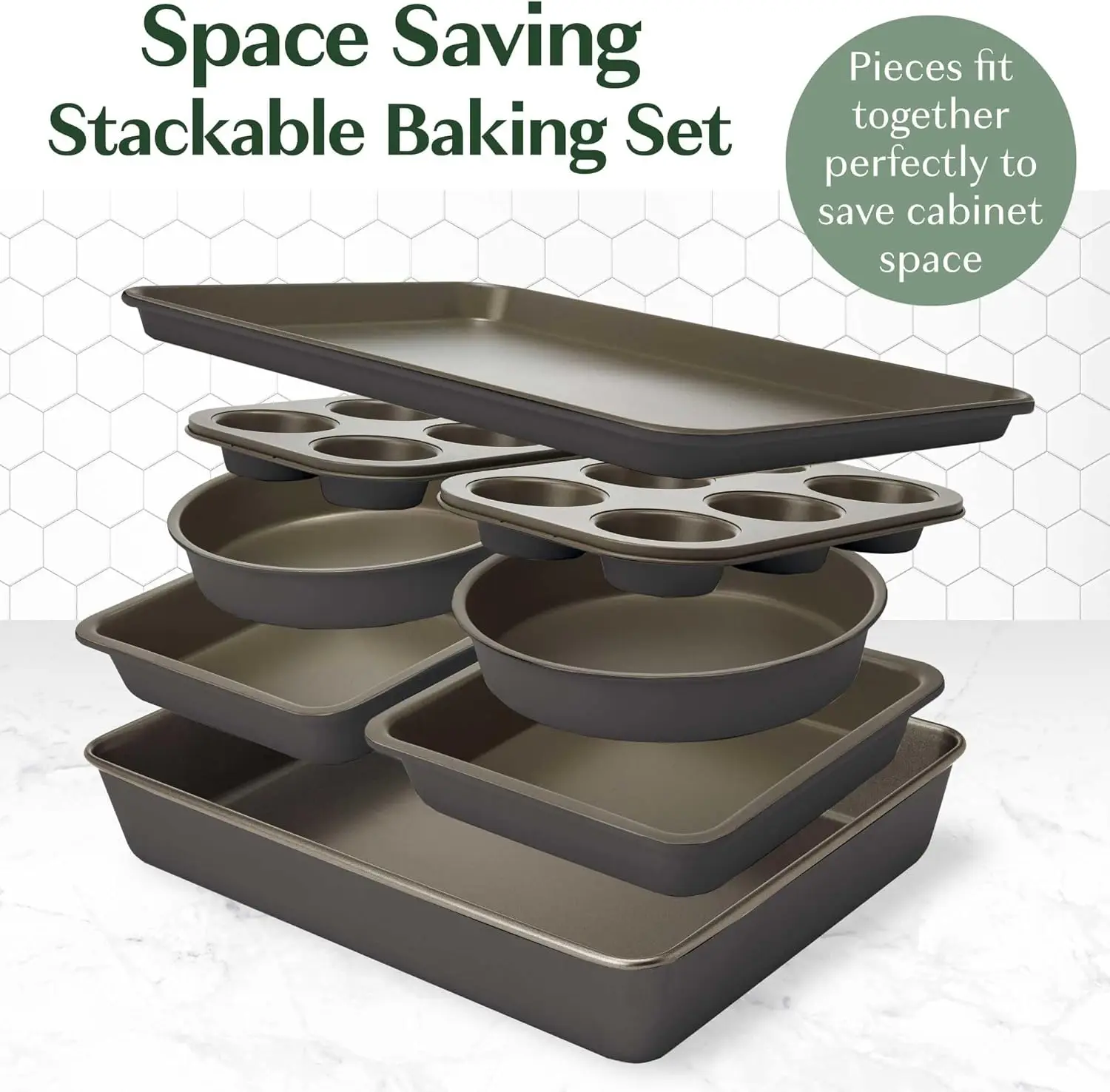 All-In-One Nonstick Bakeware Set, Stackable and Space Saving Design includes Round and Square Pans, Muffin Pans, Cookie Sheet