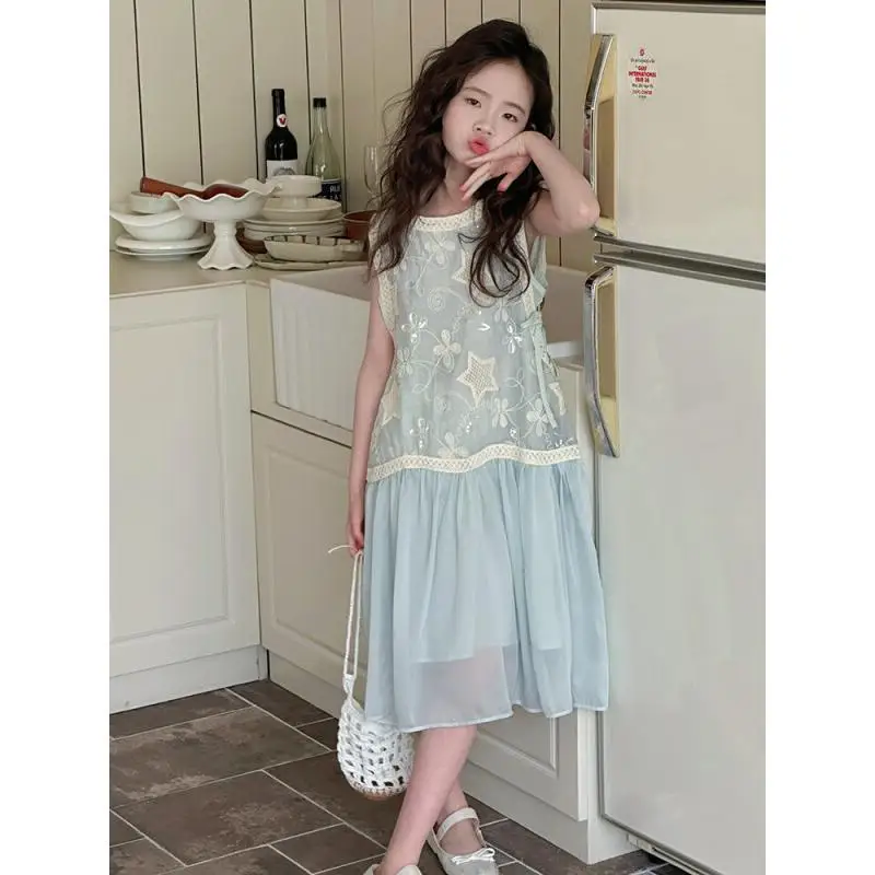 Children's Clothing Spring And Summer Clothing Sleeveless Dress Mesh Patchwork Girls Summer Princess Layered Lightweight Fashion