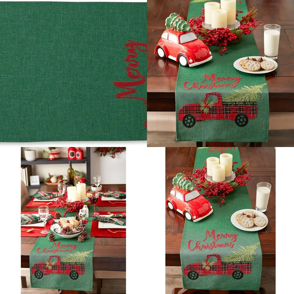 

14x108 Inch Plaid Christmas Truck Embroidered Table Runner for Festive Dining