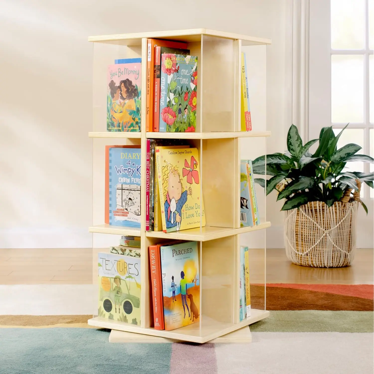 Rotating Book Display - Birch: Spinning Plywood Storage Bookshelf with Acrylic Windows for Kids Classroom, Playroom, or Bedroom