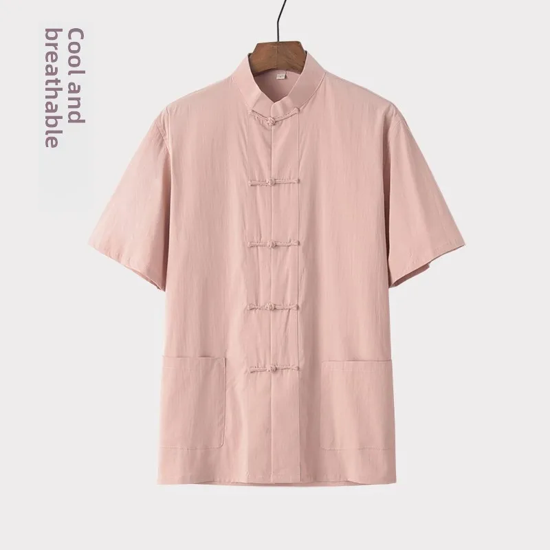 

Elastic Linen Short Sleeve Shirt Thin Summer Chinese Style Button up Casual Vintage Shirt for Middle-Aged Men Casual Wear