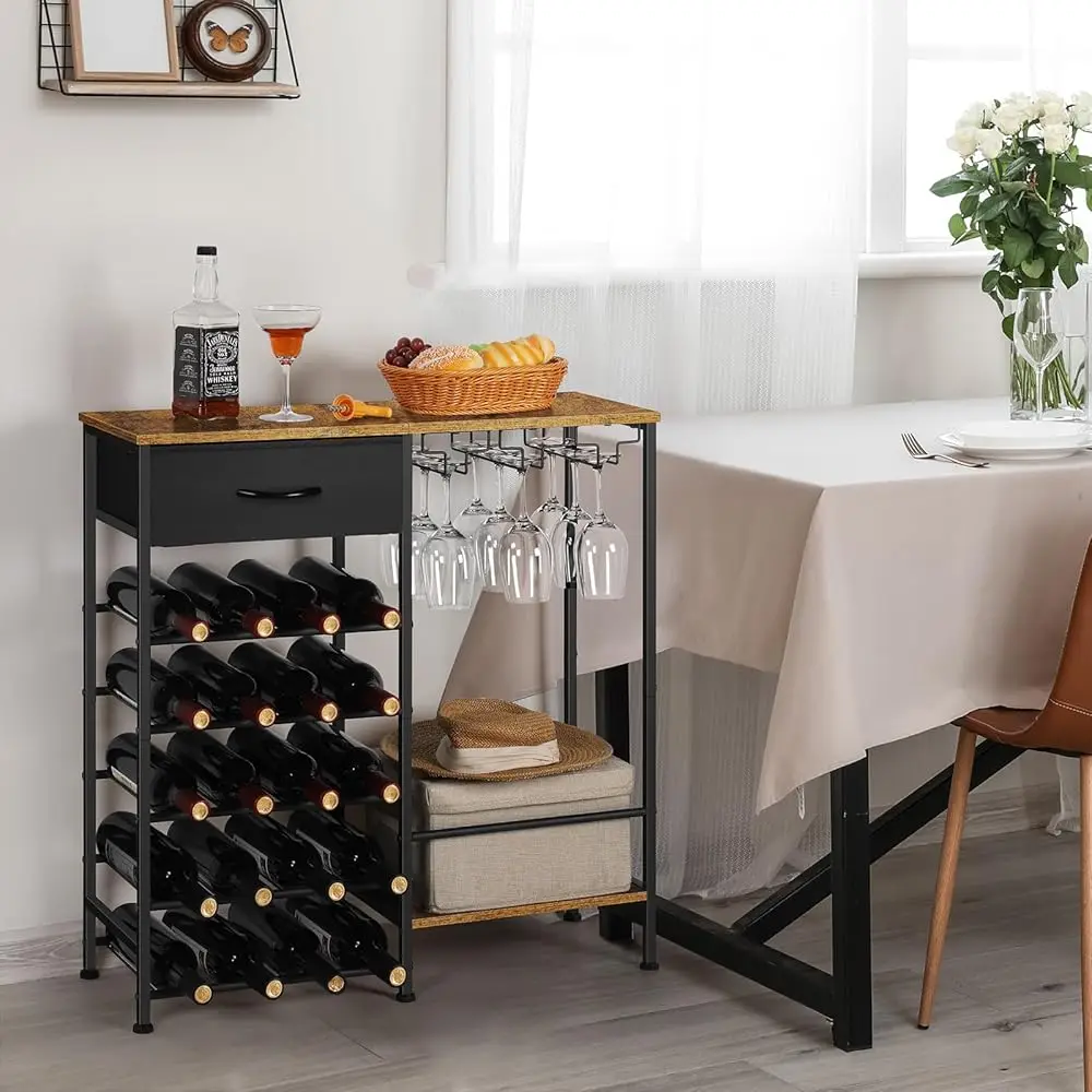 

Wine Ra Freestanding Floor, 5 Tier Display Wine Storage Shelves With Glass Holder & Fabric Drawer, 20 Bottles Liquor Cabinet