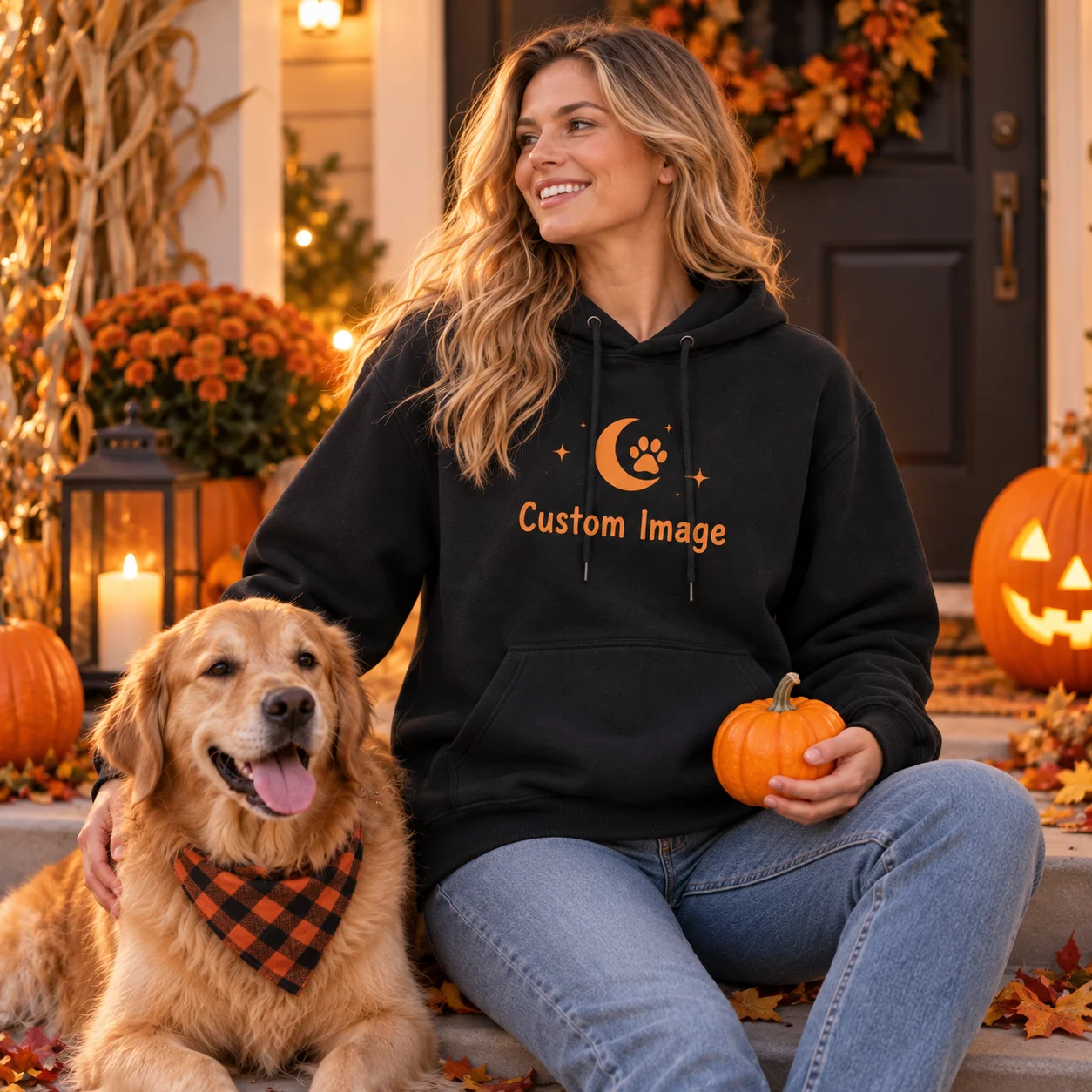 Custom Halloween Unisex Loose Hoodie Personalized Family Photo Name Text Cotton Pullover Holiday Birthday Valentine Gift