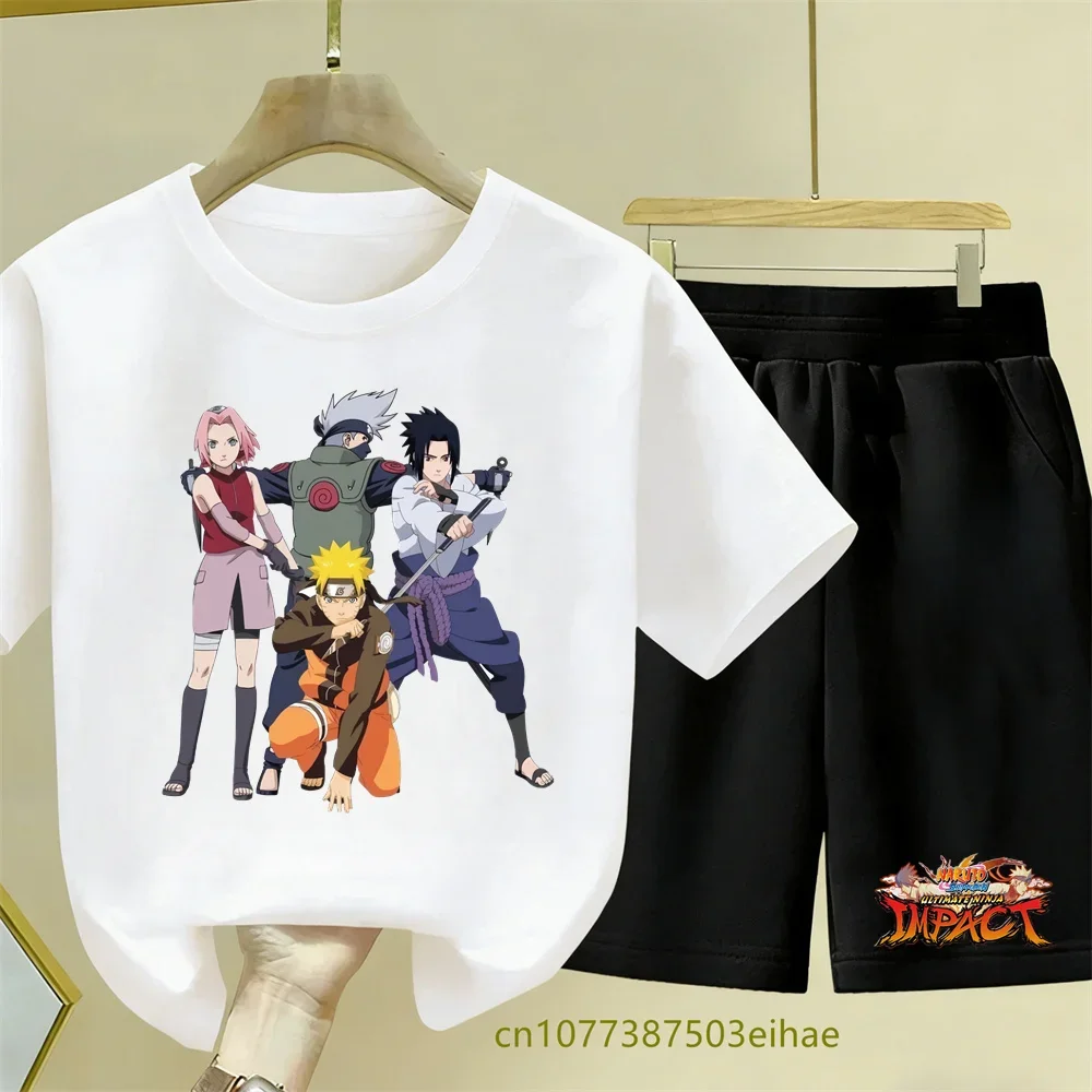 Naruto Anime Print Clothing Set - Summer Breathable Children's Short-sleeved T-shirt, Cute Casual Top + Shorts Set - New Style