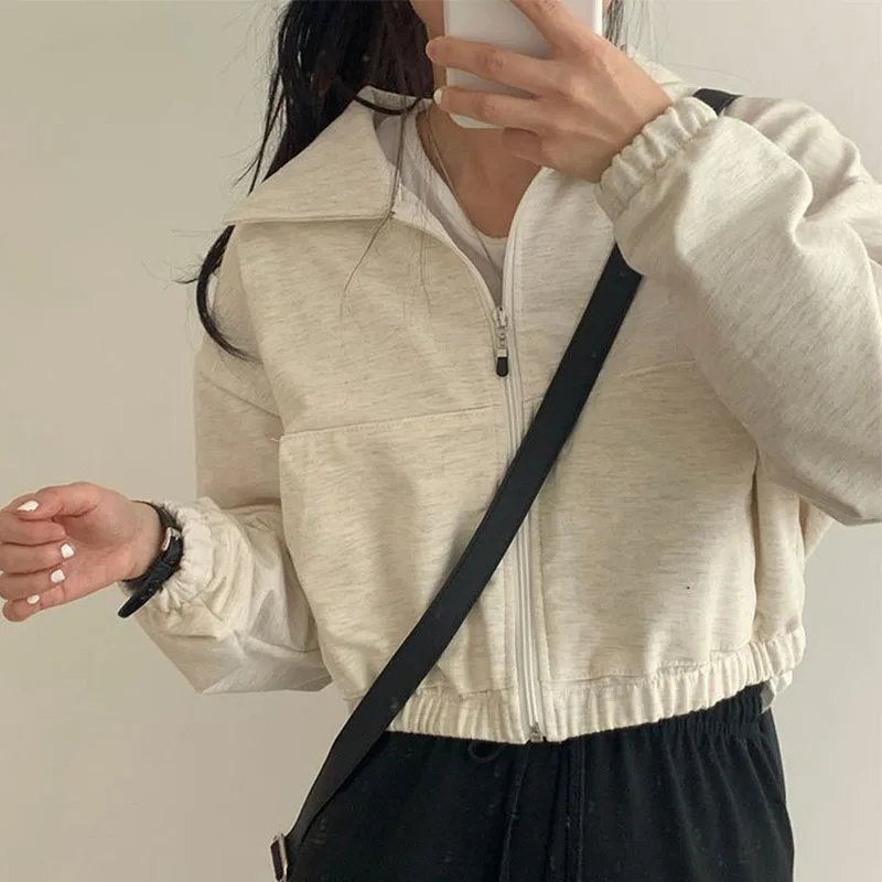 Women Sweatshirts 2024 Spring Autumn Solid Color Zip Up Coats Oversized Hoodies Korean Fashion Female Long Sleeve Lapel Jackets