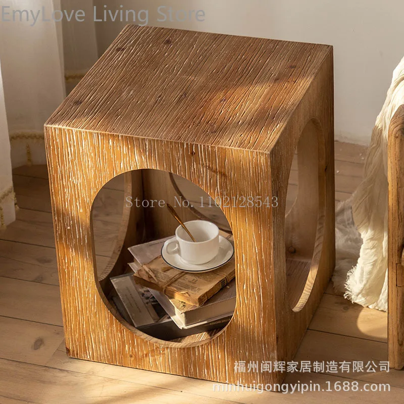 Artistic Table Retro Old Solid Wood Side Table Storage Cabinet Coffee Tables with Natural Clear Wood Grain Bedside Table