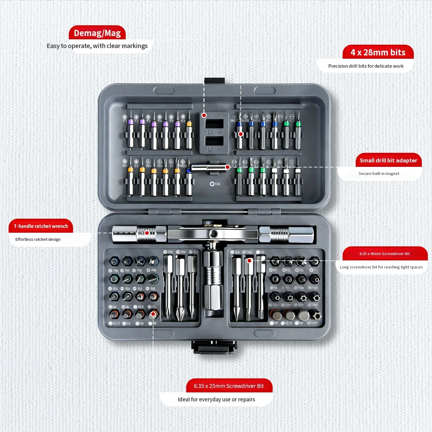 T-Handle Ratchet Screwdriver Set Aluminum Handle Socket Kit with Long Bits for Home Repair
