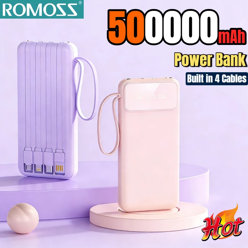 Banco de Energía ROMOSS de 500000 mAh, Gran Capacidad, Carga Rápida, 4 Cables Integrados, Pantalla Digital, Batería Externa para iPhone y Samsung