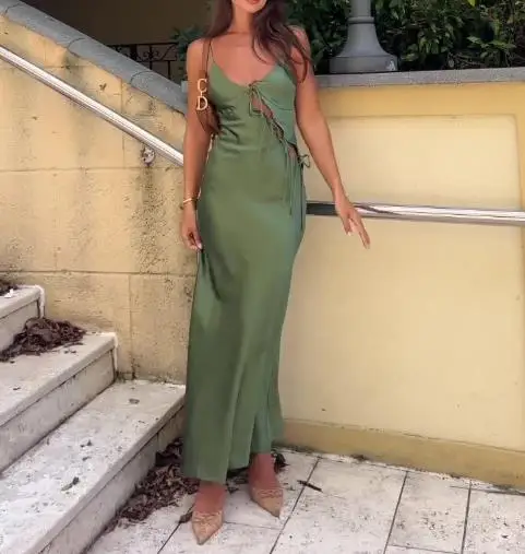 

Summer 2025 Women's High Waisted Hollow Suspender Slim Sexy Dress with Deep V-Neck Backless Slim Fit A-Line Suspender Dress