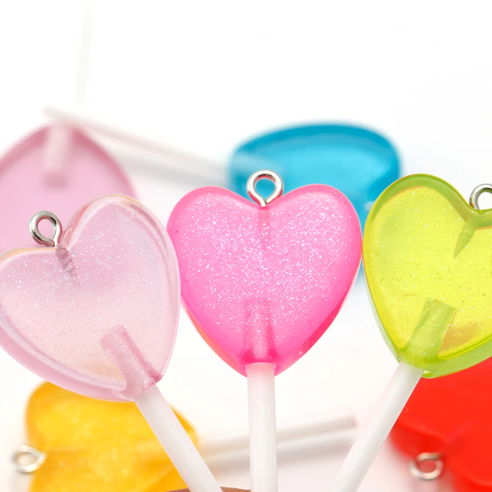 10PCS Colorful Glitter Hearts Shape Lollipop Resin Pendant Charms for Jewelry Making Supplies Diy Cute Earings Keychain Findings