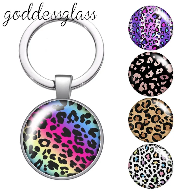 New Colorful Leopard print patterns beauty 25mm glass cabochon keychain Bag Car key chain Ring Holder Charms keychains gift