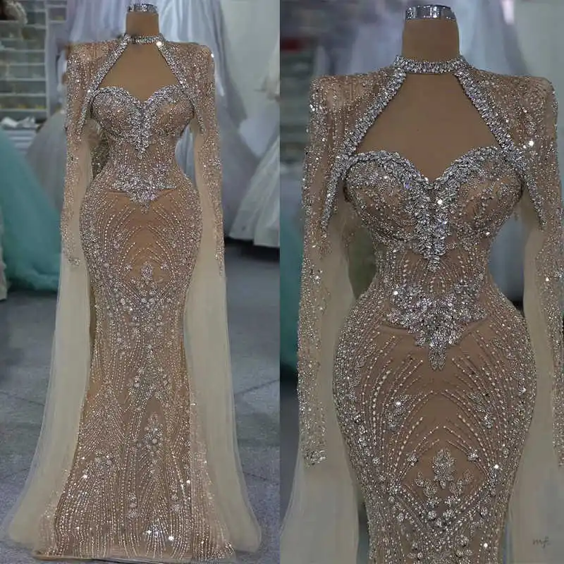 Einzigartiges nacktes Abendkleid mit langen Cape-Ärmeln, Kristallen, formelle Damen-Partykleider, Größe individuell gestaltete Dubai-Hochzeitsempfangskleider, Arabisch