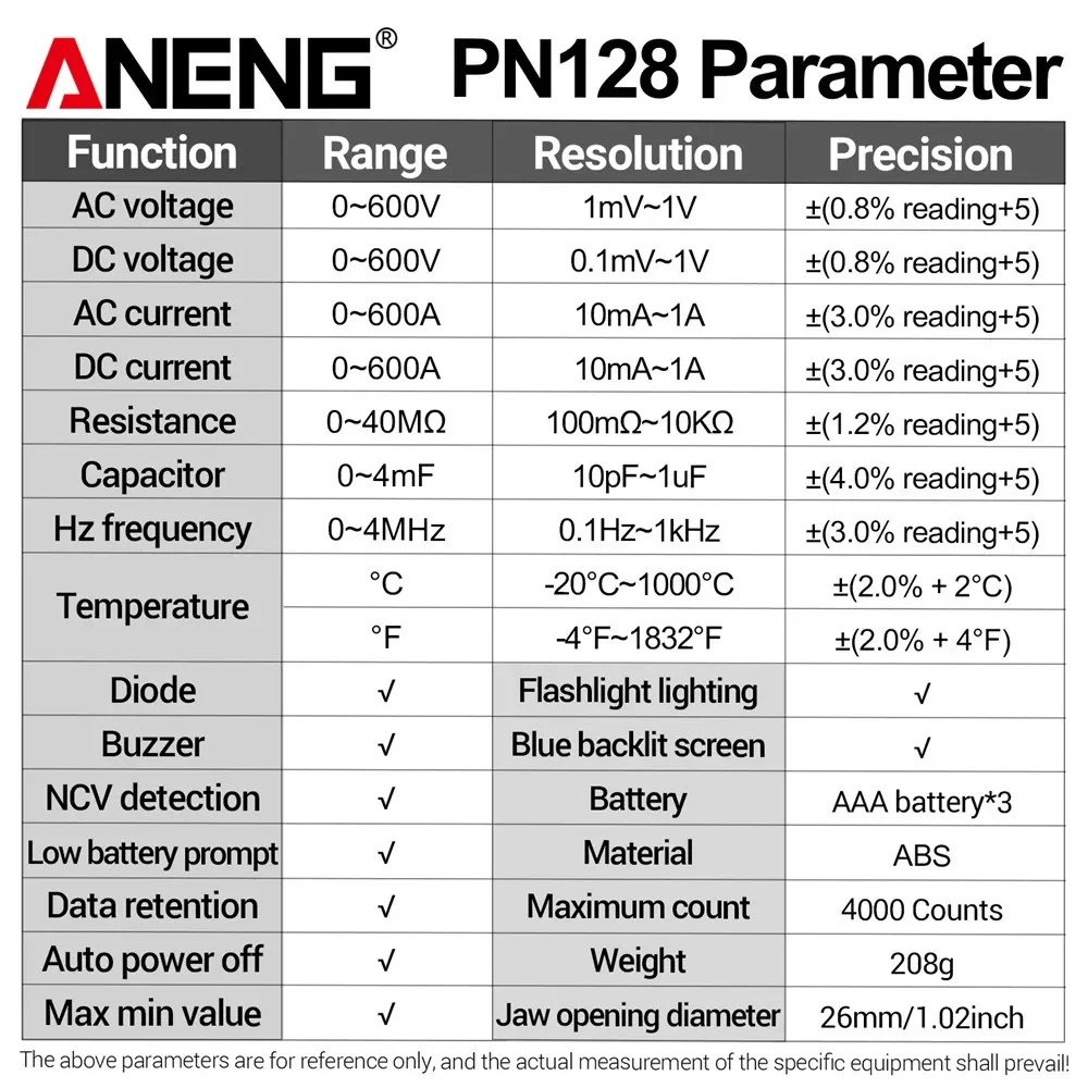 Imagem -04 - Clamp Meter ac dc Voltage Tester 600a Corrente Ncv True Rms Multímetro Auto Ranging Ferramentas Eletricista Aneng-pn128
