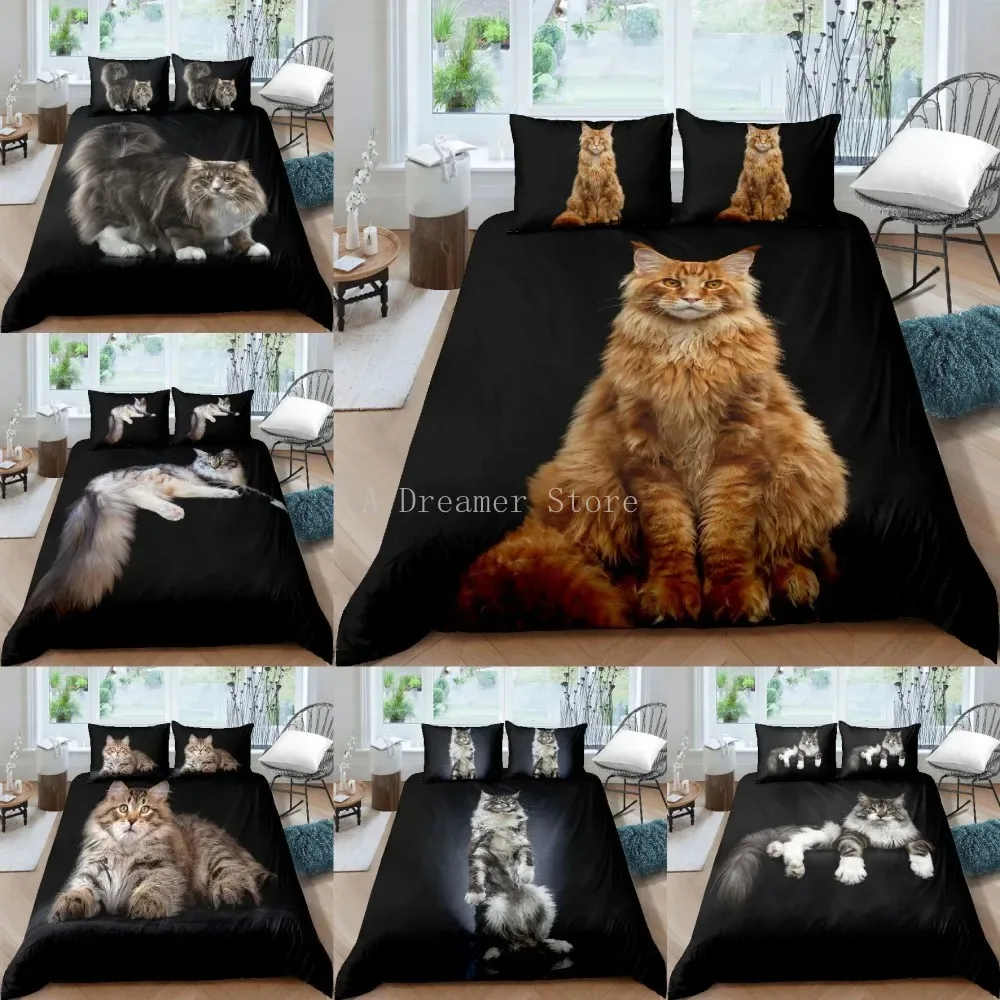 

3D Bedding Sets Cute Cat Print Duvet Quilt Black Cover Set Funny Animal Comforter Bed Cover Pillowcase King Queen